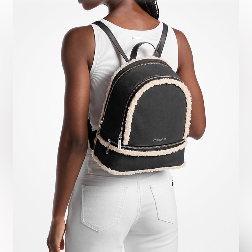 Michael Kors Rhea Medium Suede Leather and Faux Shearling Backpack in Black - Picture 3 of 12
